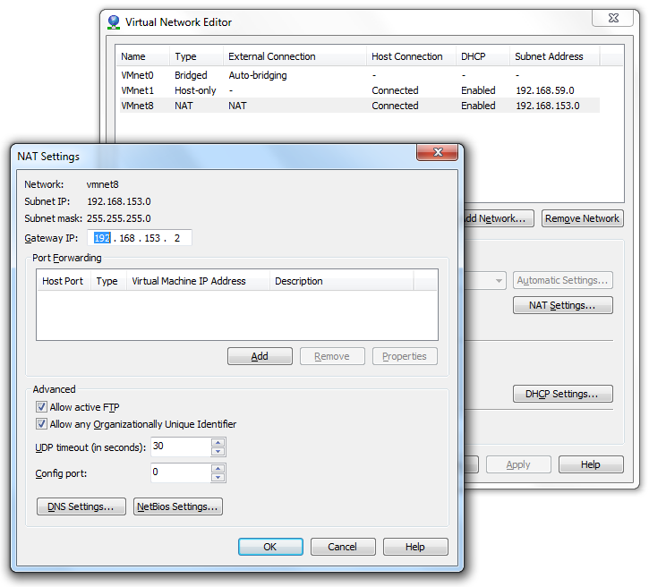 The VMware Virtual Network Editor showing NAT settings and the gateway address